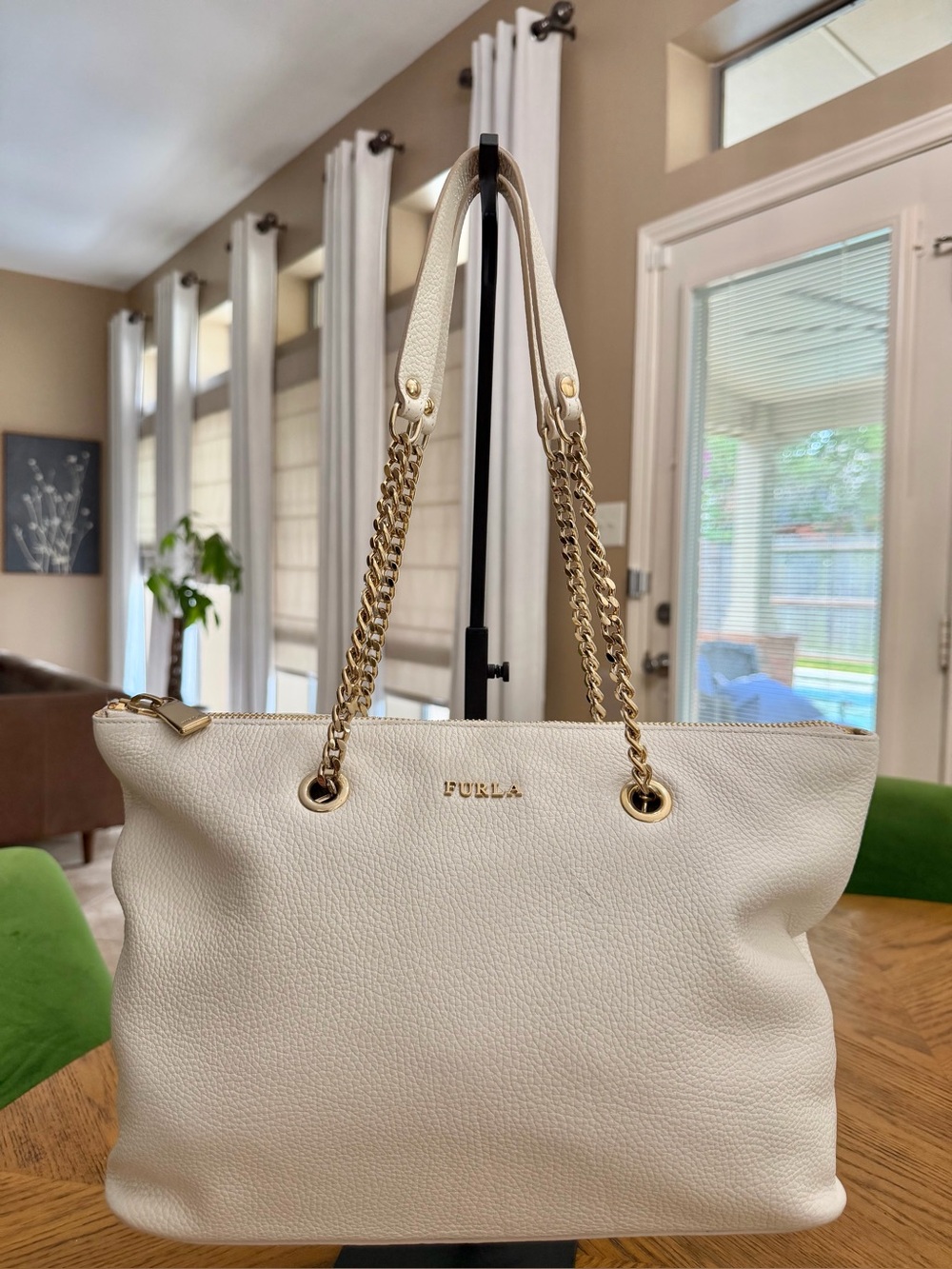 Furla Julia Large Leather Chain-Strap Tote in Marble/Ivory